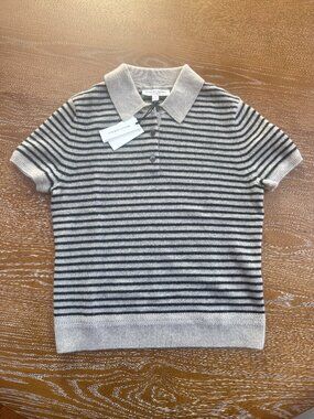 Lightweight Cashmere Short-Sleeve Tan Striped Cashmere Polo